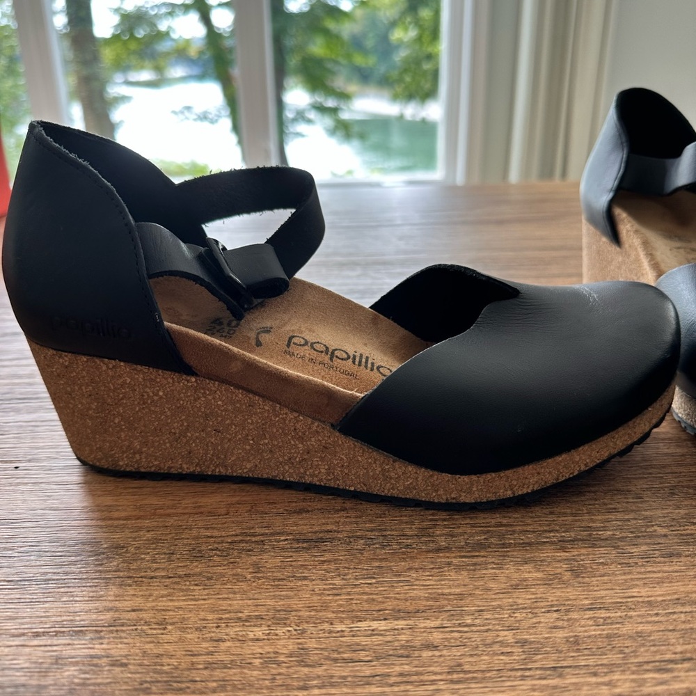 Papillio Black and Tan Wedge Sandals